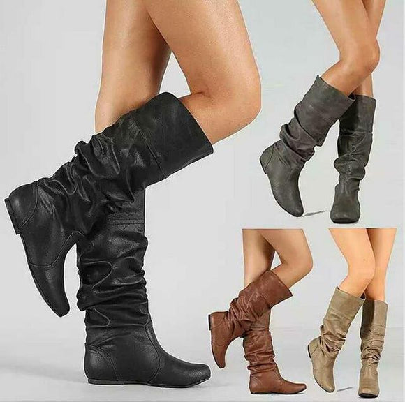 Women's Shoes - Fashion Casual Mid-Calf Leather Winter Warm Round Toe Slip-On Flat Snow Boots