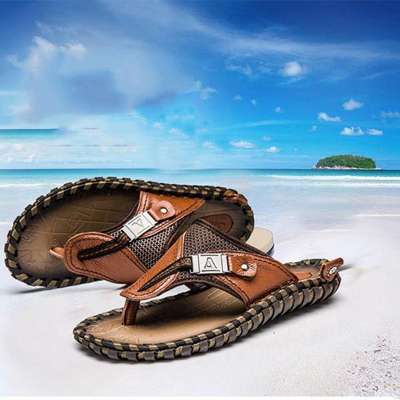 Fashion Men Summer Plus Size Hand-made Genuine Leather Slippers Beach Sandals