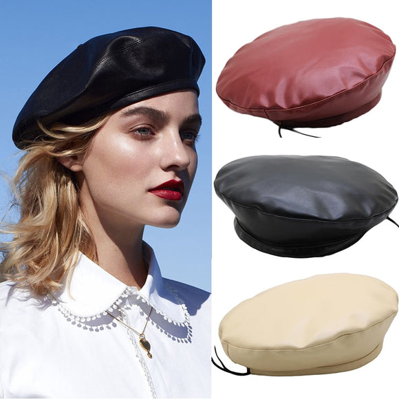 2019 New Retro Beret Cap For Women Casual Faux PU Leather Hat