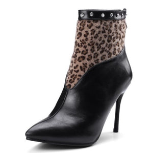 Womens Leopard Pointed Toe High-Heel Ankle Boots