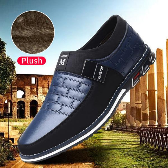 Men's Shoes - 2020 Winter Genuine Leather Add Plush Slip On Magic Closure Loafers