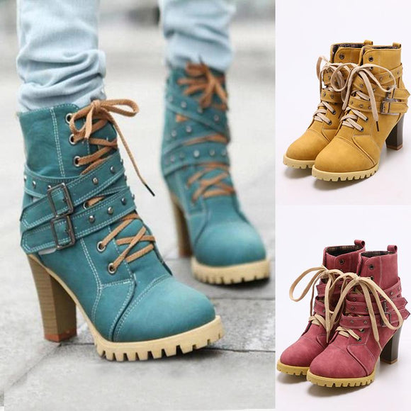 Women's Boots - Fashion Round Toe Buckle Rivet Style Heeled Boots