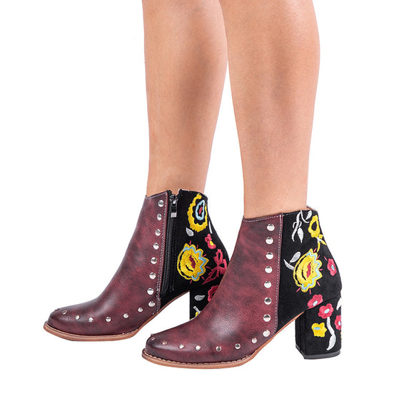 Women Zipper Rivet Flower Embroider Ankle Boots