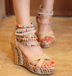 Summer Ladies Beads Ankle Strap Platform Sandals