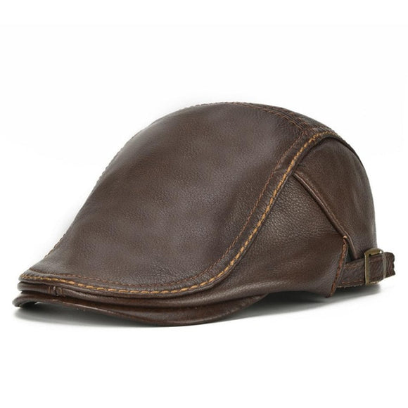 Real Cowhide Leather Classic Men Autumn Winter Adjustable Duckbill Flat Caps