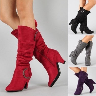 Women's Fashion Double Buckle Knee-High Boots
