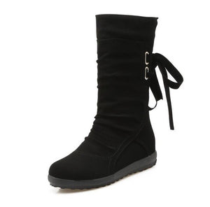 Casual Big Size Pure Color Lace Up Mid Calf Flat Knight Boots
