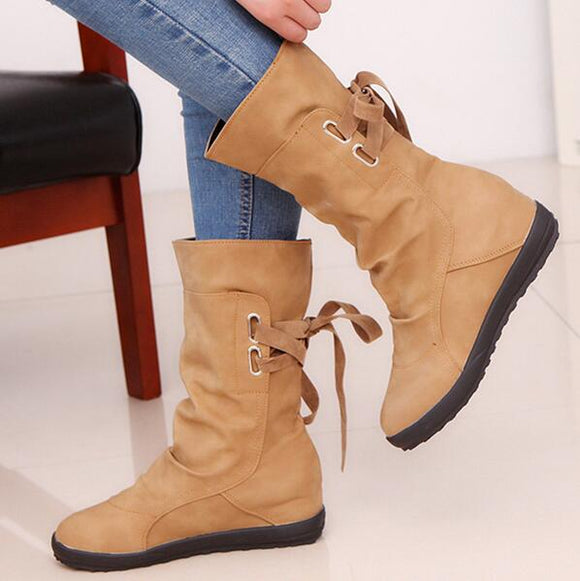 Casual Big Size Pure Color Lace Up Mid Calf Flat Knight Boots