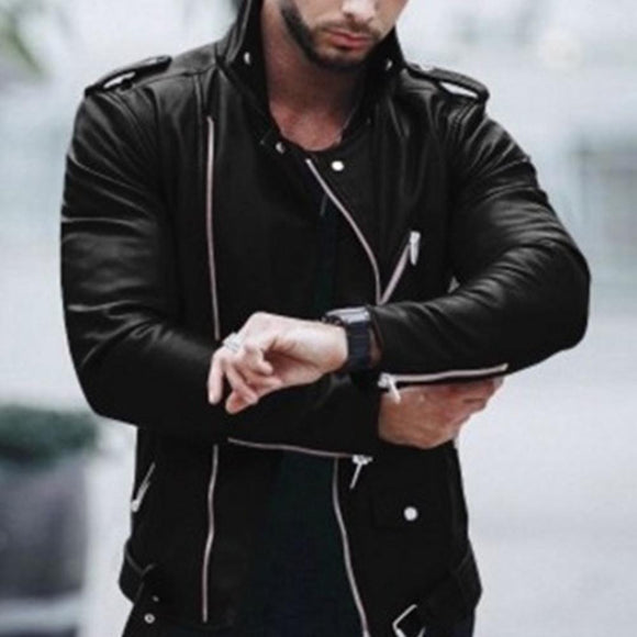 Men Stand Collar Zipper Faux Leather Jackets