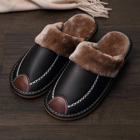 Super Comfy Leather Waterproof Warm Couple Slippers