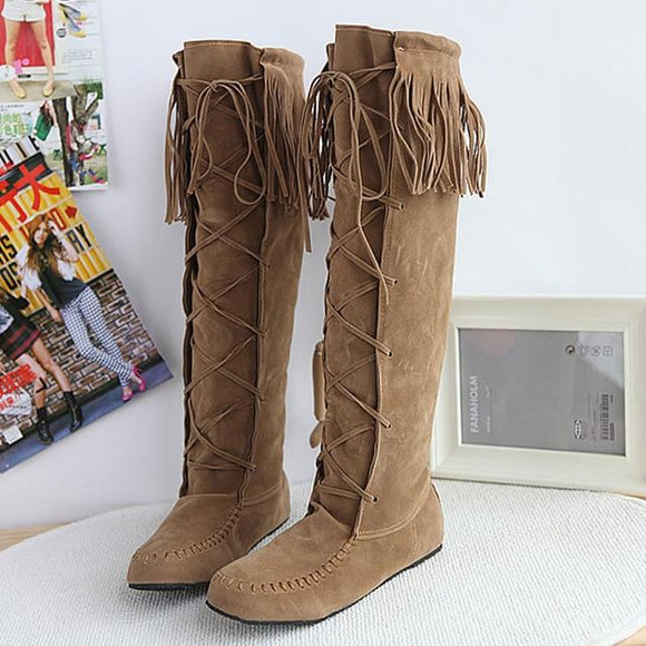 New Boho Casual Cross Strap Lace Up Tassel Boots