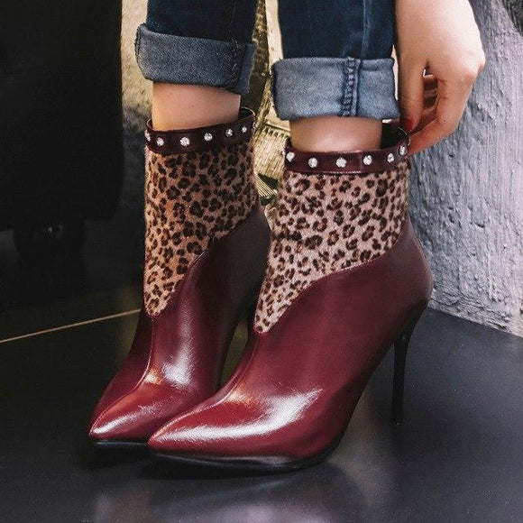 Women Leopard Rivet Pointed Toe High-Heel Ankle Boots