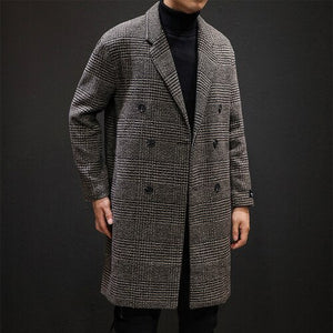 Men Turn-down Collar Mid-Long Casual Double Breasted Woollen Houndstooth Jacket