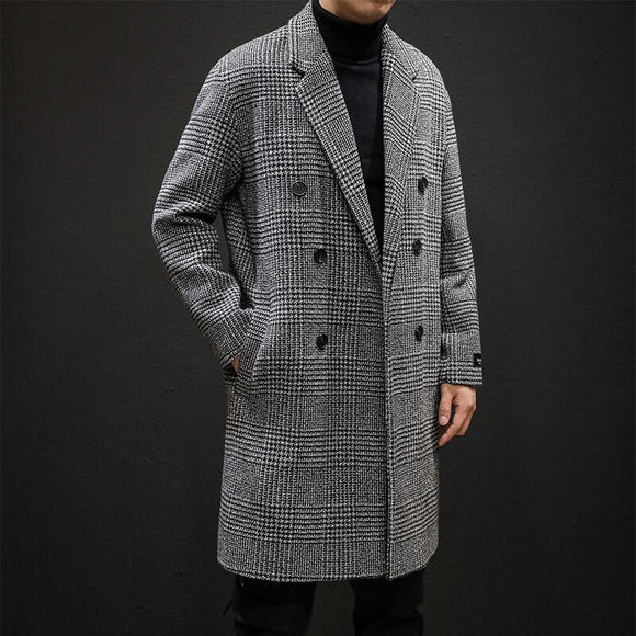 Men Turn-down Collar Mid-Long Casual Double Breasted Woollen Houndstooth Jacket