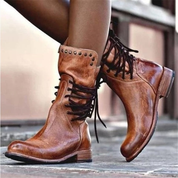 Ladies Vintage Lace Up Mid-Calf Martin Boots