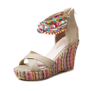 Womens Beads Ankle Strap Platform Sandals