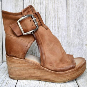 Women Leather Retro Wedges Sandals