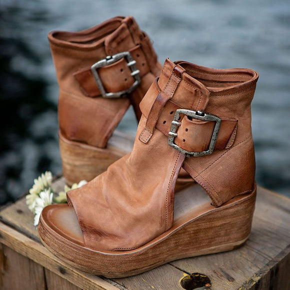 Women Leather Retro Wedges Sandals