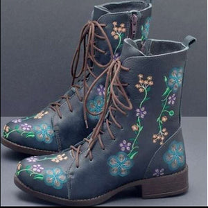 Retro Printed Leather Women Boots