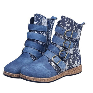 Women Retro Printed Metal Buckle Leather Boots